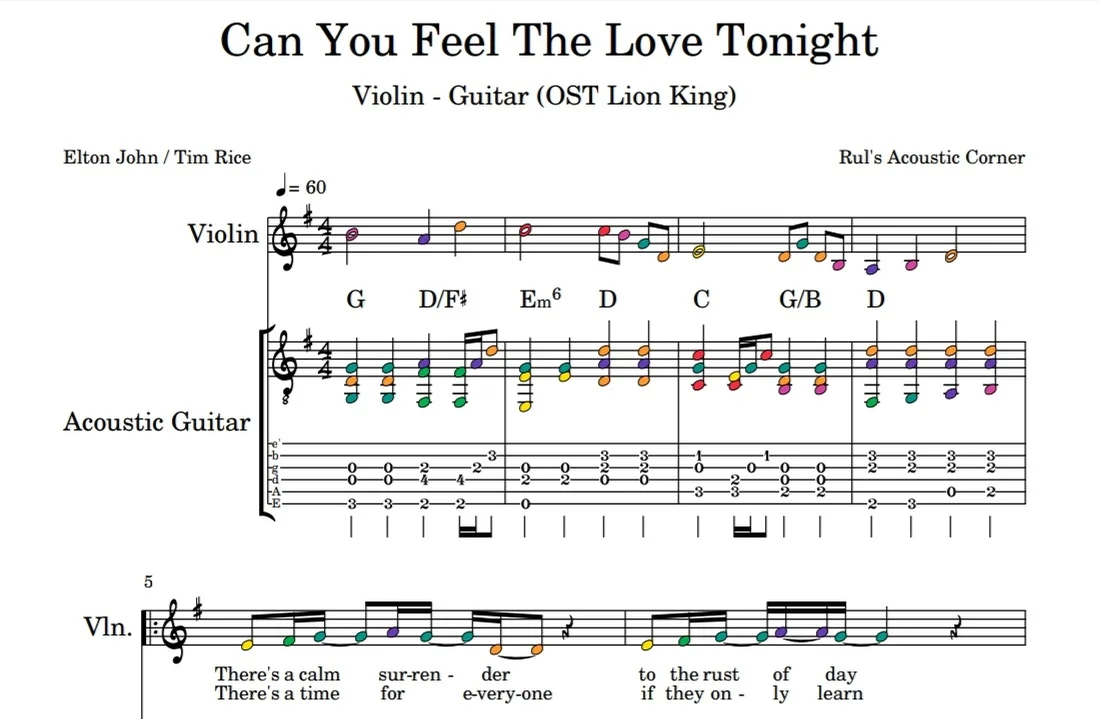 Can You Feel The Love Tonight - Elton John (Ost Lion King Instrumental lyrics, chords, tabs, notation for violin + acoustic guitar PDF) by Lion King Instrumental